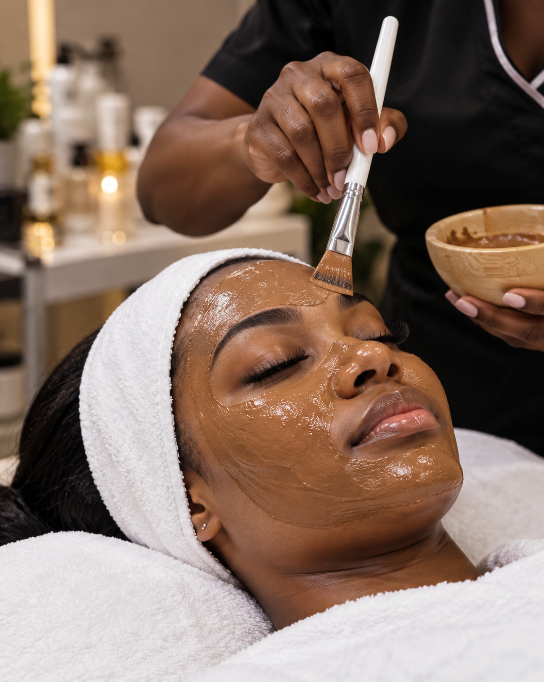 Serene beauty treatment detail with soft light and folded towels