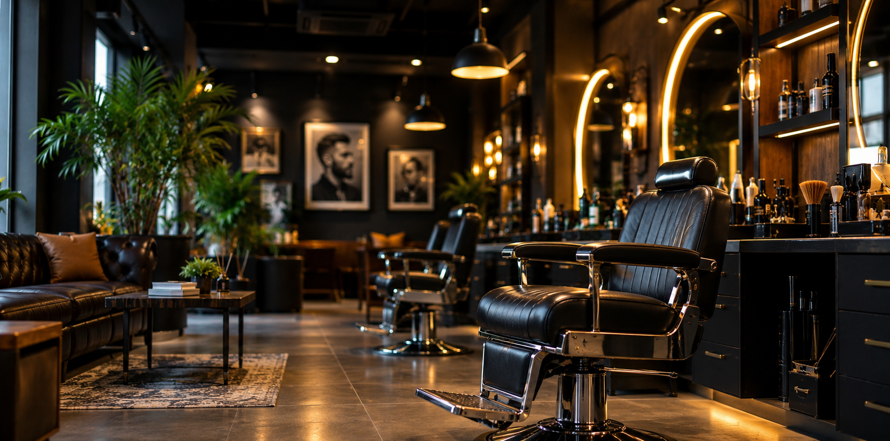 Barber at work inside a modern, warmly lit barbershop